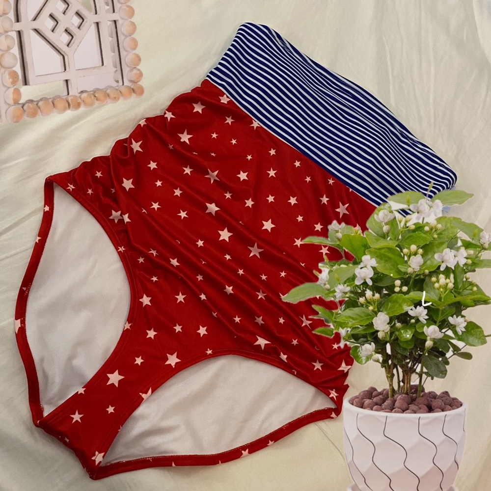 Swim Bathing Suit One Piece Strapless Flag Stars Stripes Red White Blue Medium